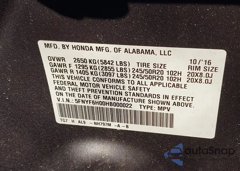 2017 Honda Pilot Elite z USA, uszkodzony, nr VIN 5FNYF6H00HB000022